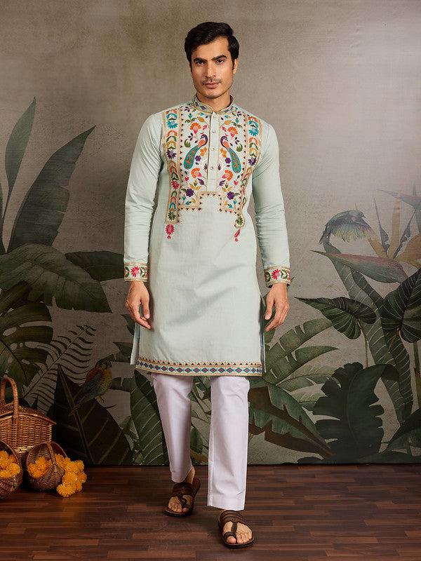 Pista Green Embroidered Kurta for Men