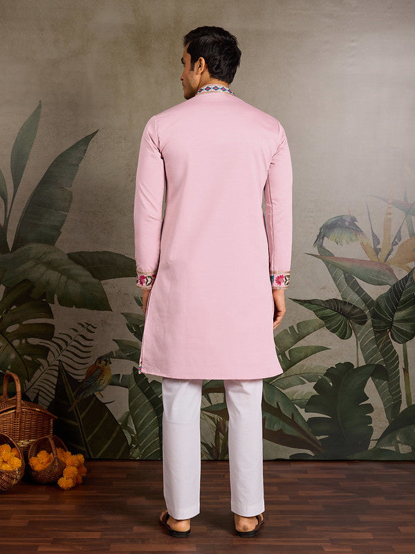 Pink Embroidered Kurta for Men