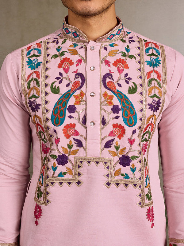 Pink Embroidered Kurta for Men