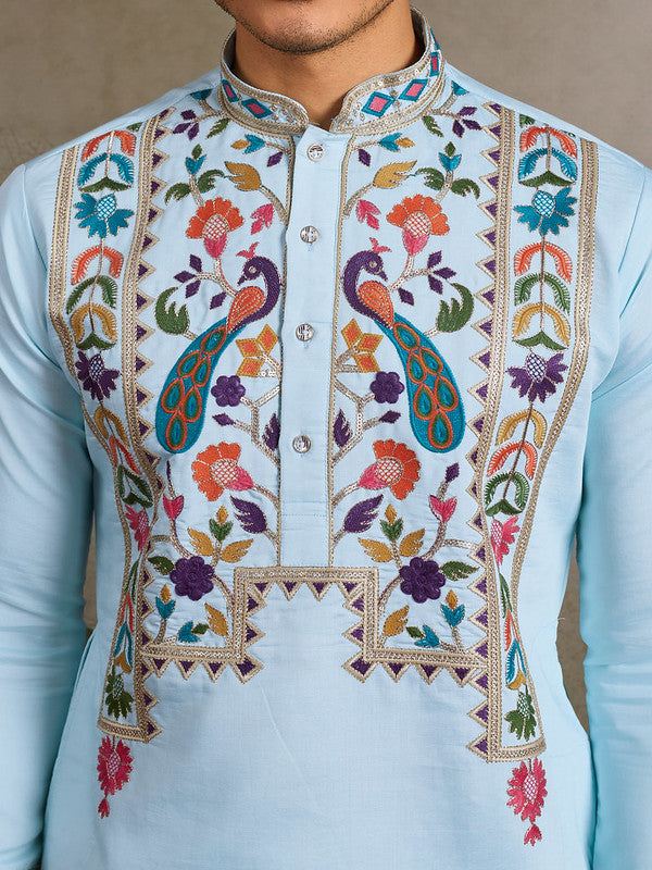 Sky Blue Embroidered Kurta for Men in Viscose Silk