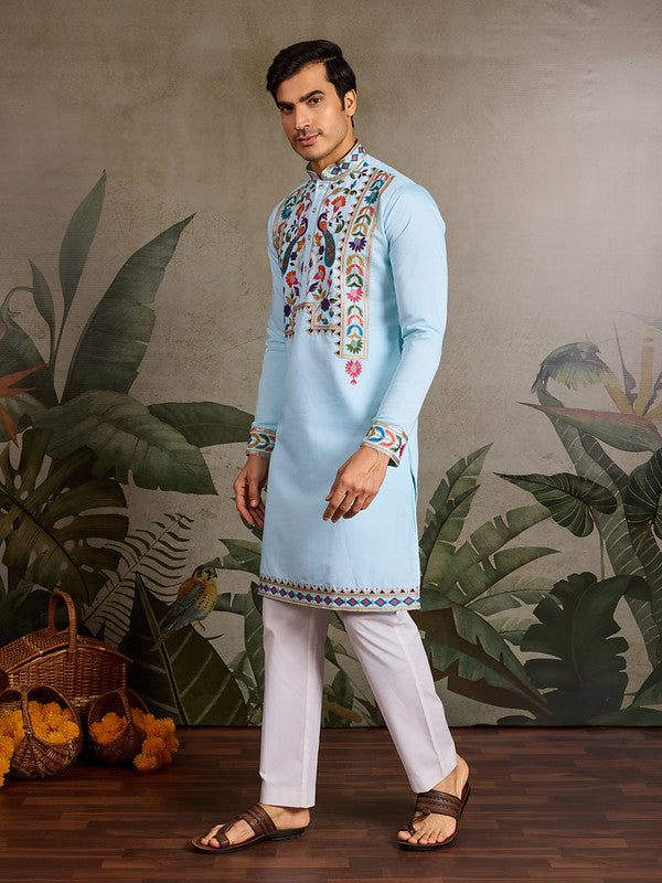 Sky Blue Embroidered Kurta for Men in Viscose Silk