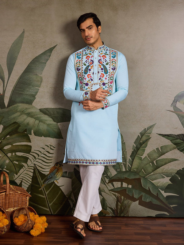 Sky Blue Embroidered Kurta for Men in Viscose Silk