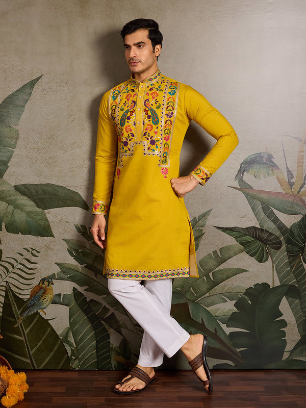 Yellow Embroidered Kurta for Men