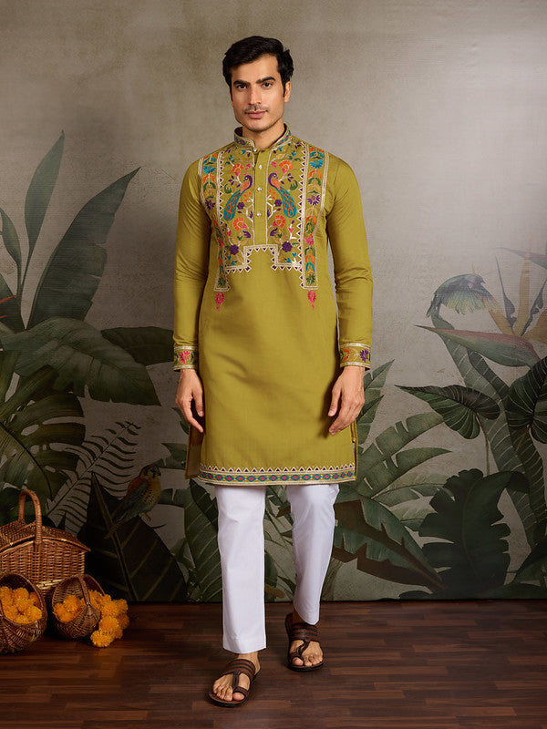 Fluorescent Green Embroidered Kurta for Men