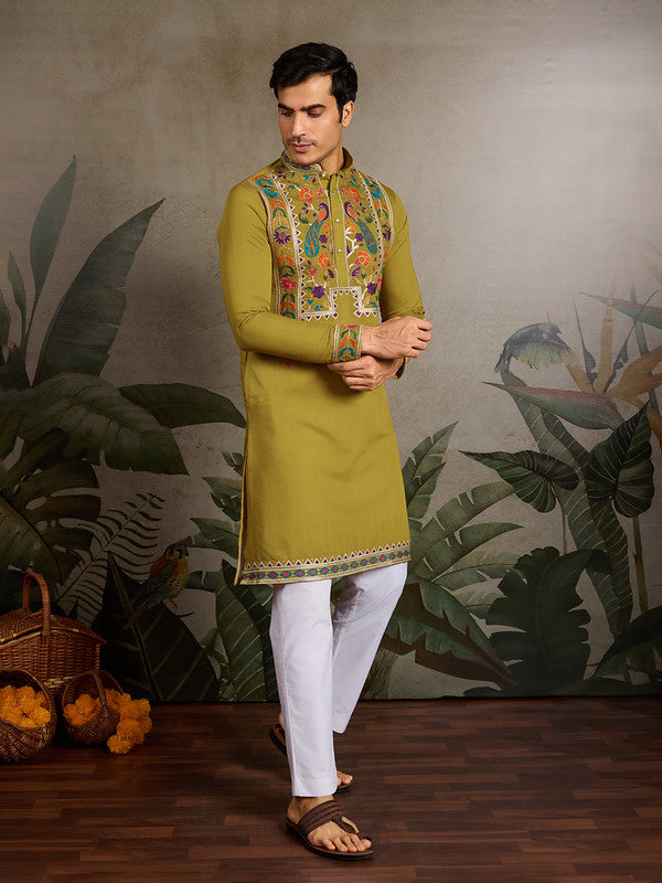 Fluorescent Green Embroidered Kurta for Men