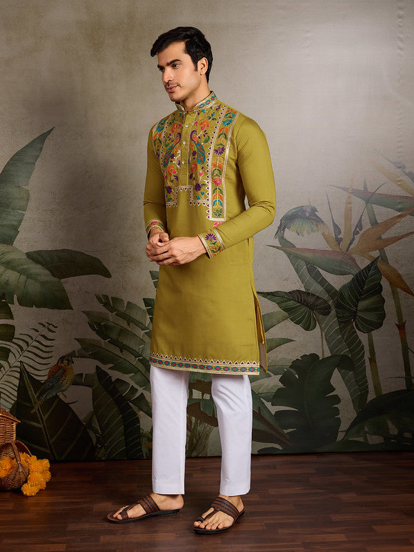Fluorescent Green Embroidered Kurta for Men