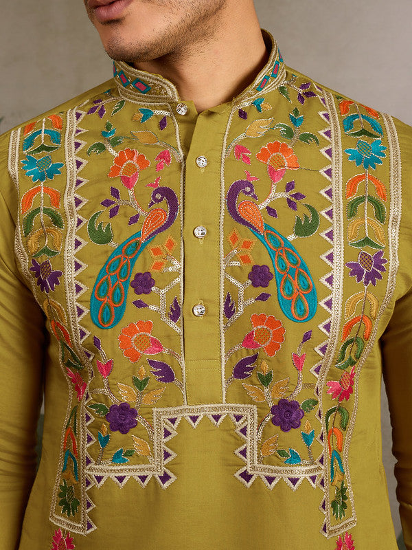 Fluorescent Green Embroidered Kurta for Men