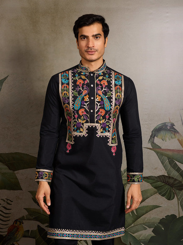 Black Embroidered Kurta for Men