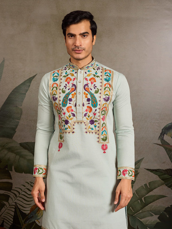 Pista Green Embroidered Kurta for Men