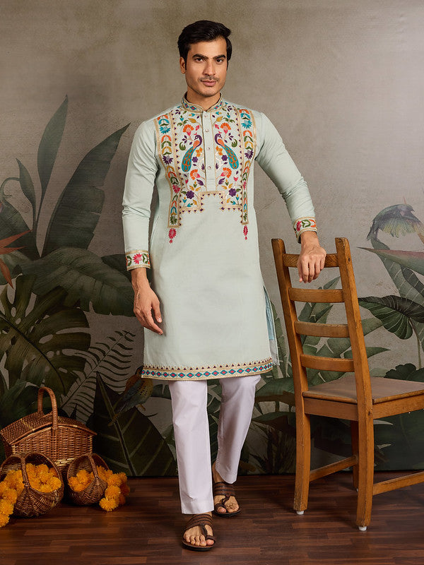 Pista Green Embroidered Kurta for Men