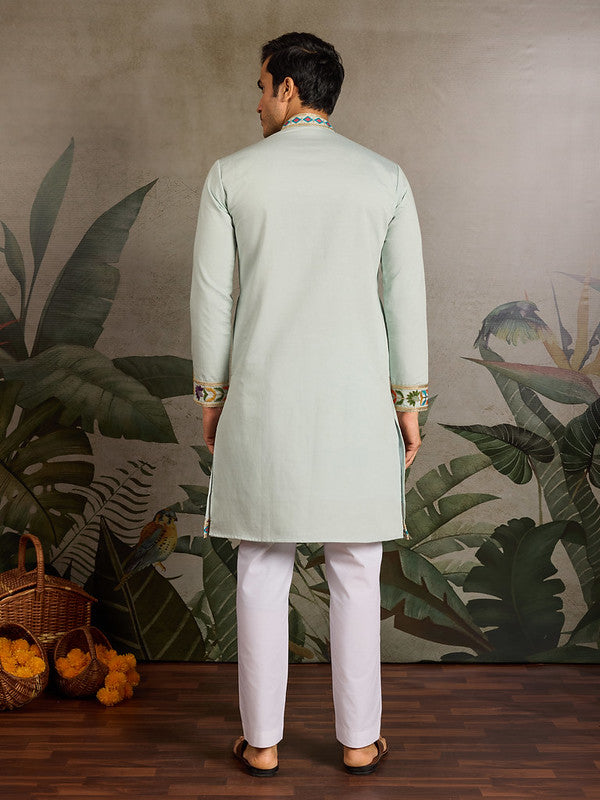 Pista Green Embroidered Kurta for Men