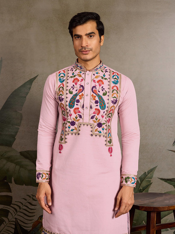 Pink Embroidered Kurta for Men