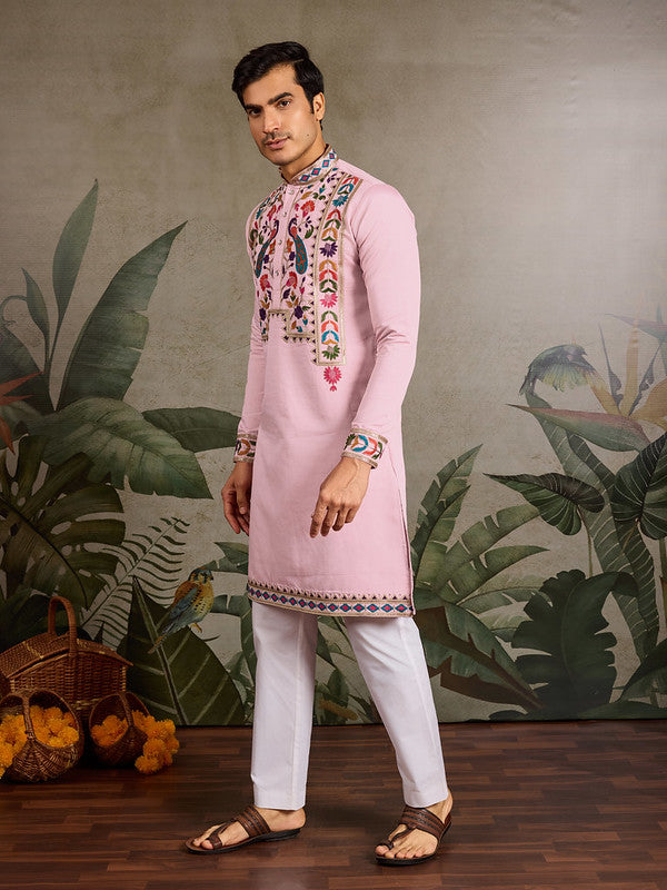 Pink Embroidered Kurta for Men