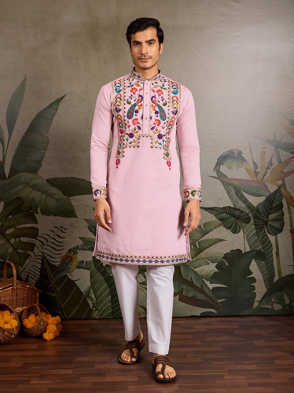 Pink Embroidered Kurta for Men