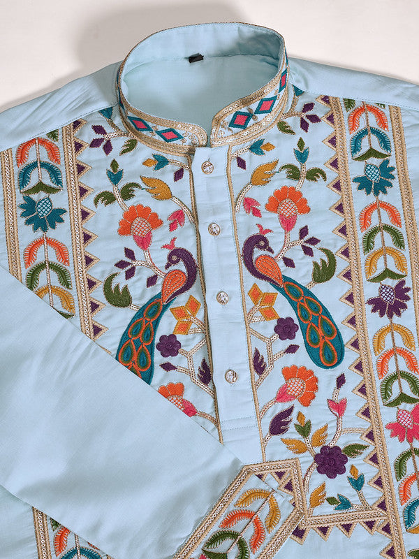 Sky Blue Embroidered Kurta for Men in Viscose Silk