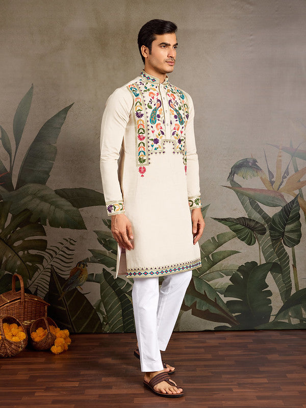 Beige Embroidered Kurta for Men