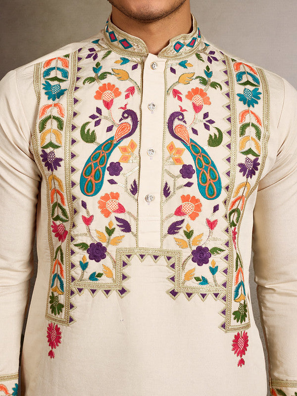 Beige Embroidered Kurta for Men