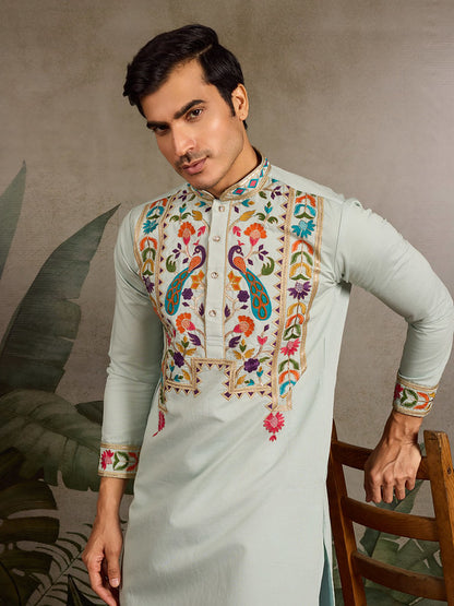 Pista Green Embroidered Kurta for Men