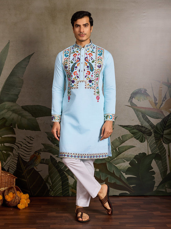 Sky Blue Embroidered Kurta for Men in Viscose Silk