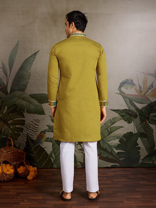 Fluorescent Green Embroidered Kurta for Men