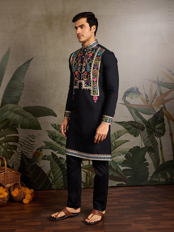 Black Embroidered Kurta for Men