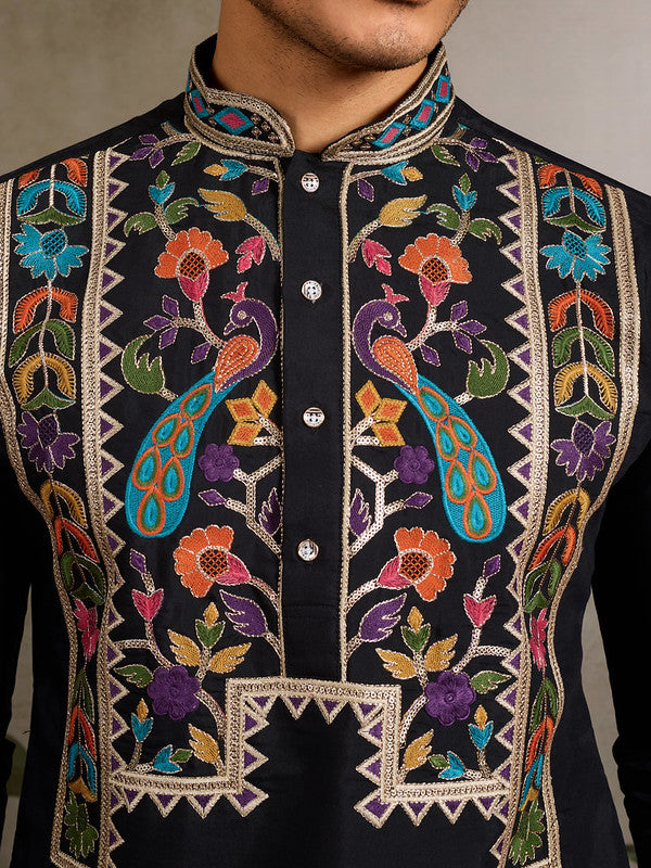 Black Embroidered Kurta for Men