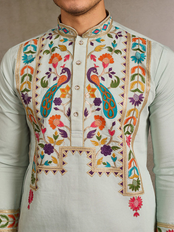 Pista Green Embroidered Kurta for Men