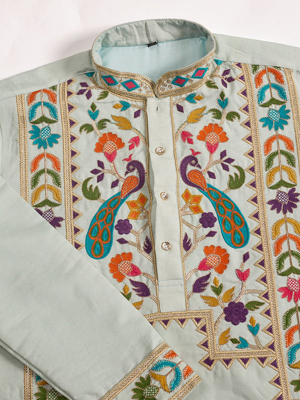 Pista Green Embroidered Kurta for Men