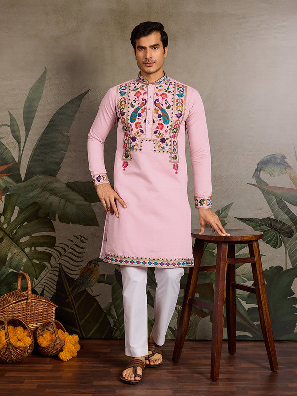 Pink Embroidered Kurta for Men