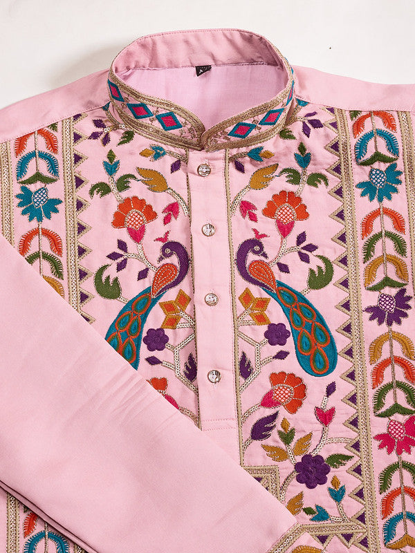 Pink Embroidered Kurta for Men