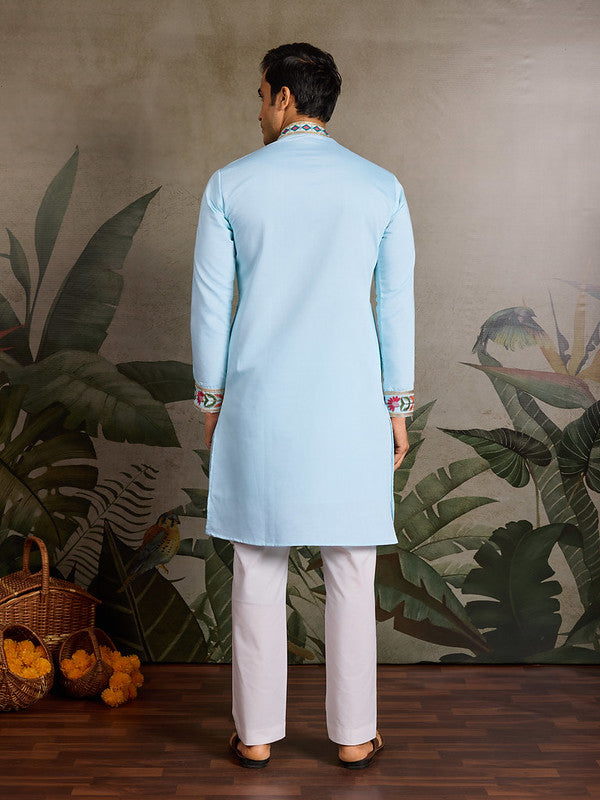 Sky Blue Embroidered Kurta for Men in Viscose Silk