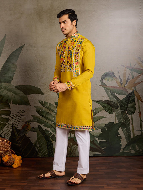 Yellow Embroidered Kurta for Men