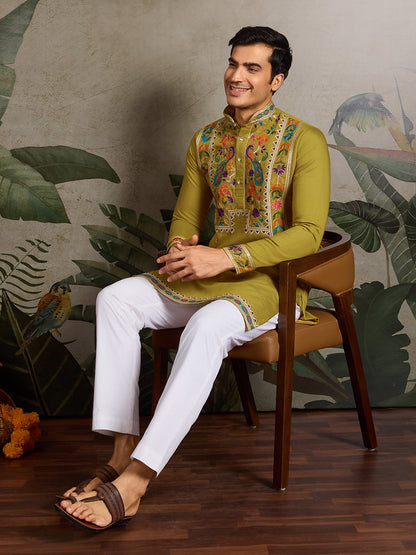 Fluorescent Green Embroidered Kurta for Men