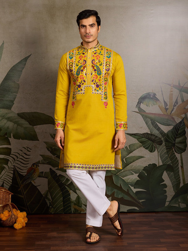 Yellow Embroidered Kurta for Men
