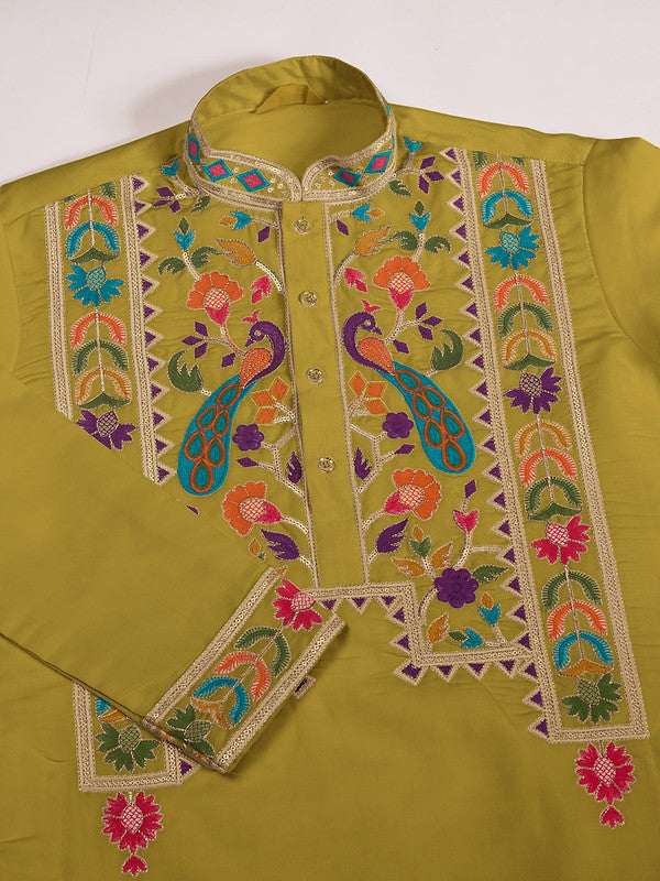 Fluorescent Green Embroidered Kurta for Men