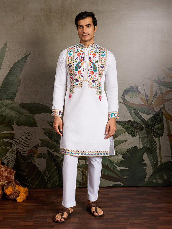 White Embroidered Kurta for Men