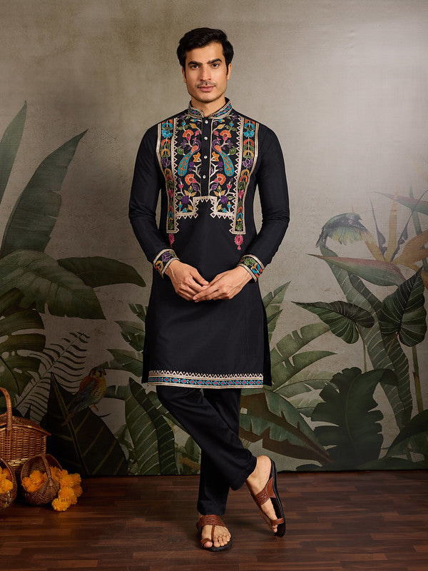 Black Embroidered Kurta for Men