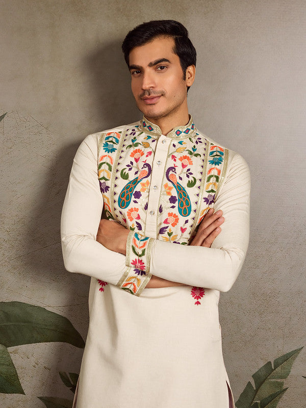 Beige Embroidered Kurta for Men
