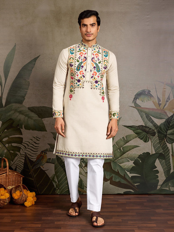 Beige Embroidered Kurta for Men
