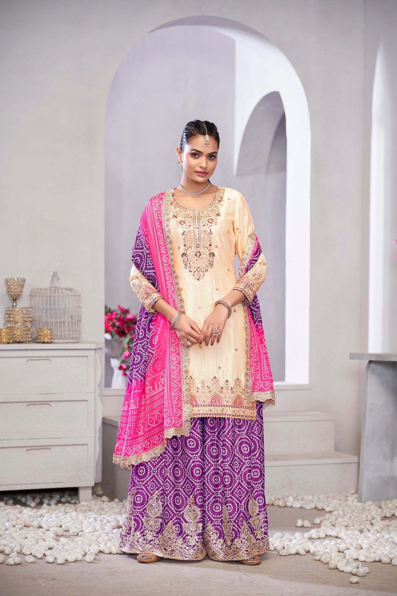 Beige &amp; Purple Chinnon Silk Sharara Suit with Embroidery