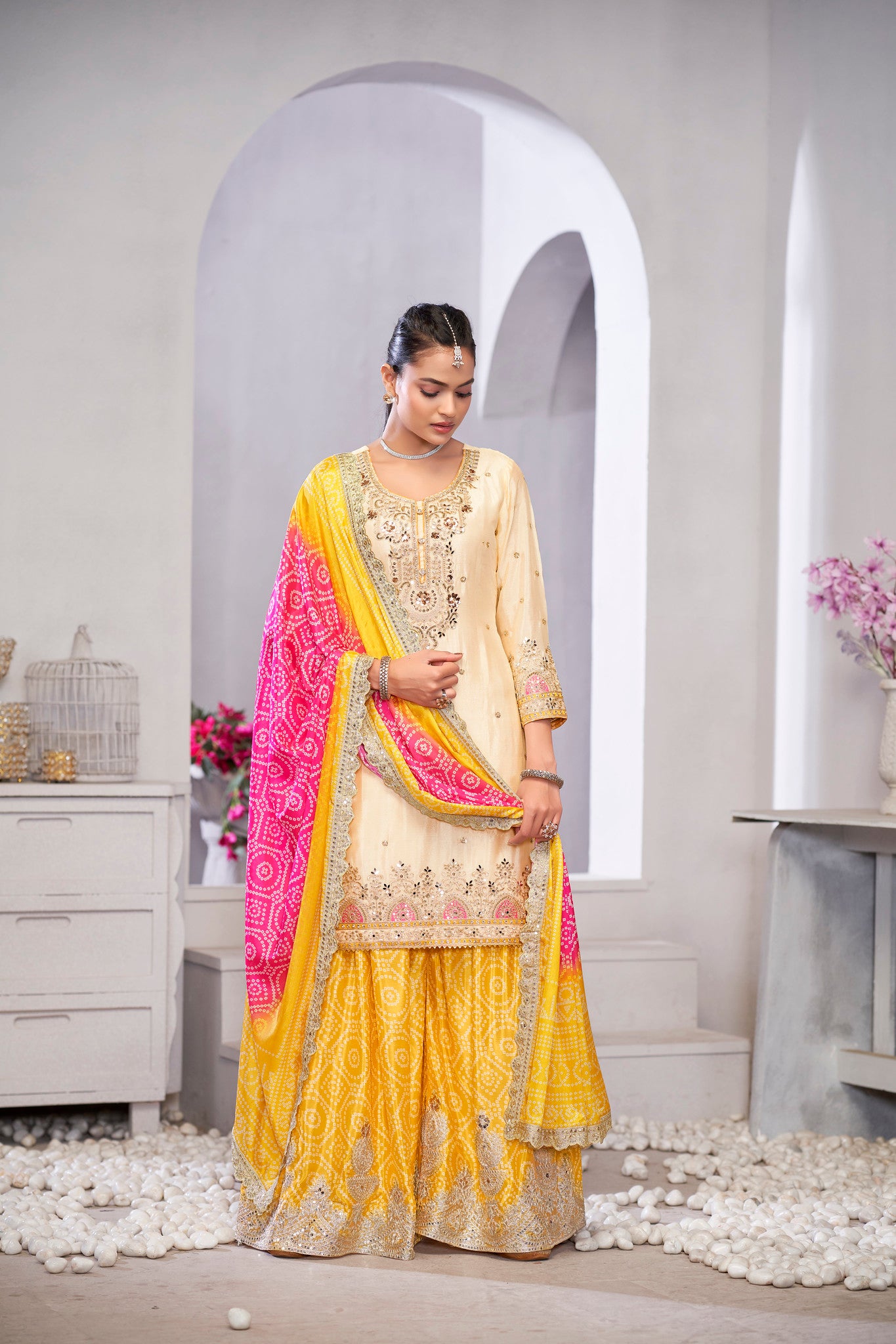 Beige & Yellow Designer Sharara Set