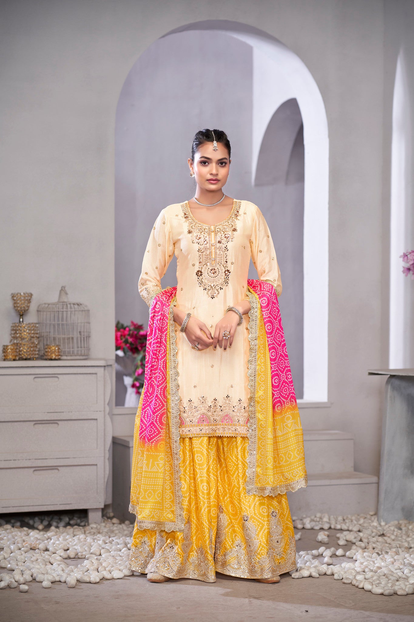 Beige &amp; Yellow Chinnon Sharara Suit with embroidery