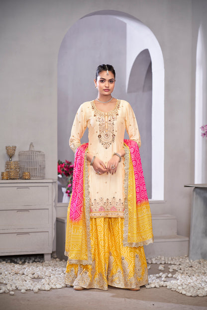 Beige &amp; Yellow Chinnon Sharara Suit with embroidery