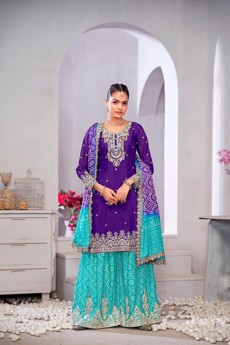 Royal blue and turquoise chinnon silk embroidered sharara suit