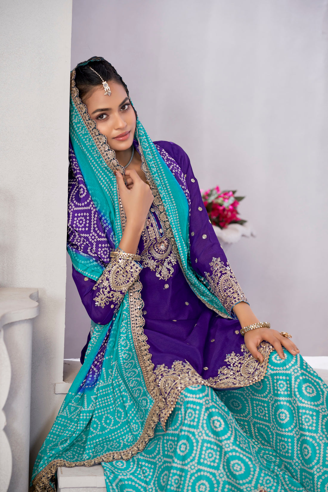 Royal blue and turquoise chinnon silk embroidered sharara suit