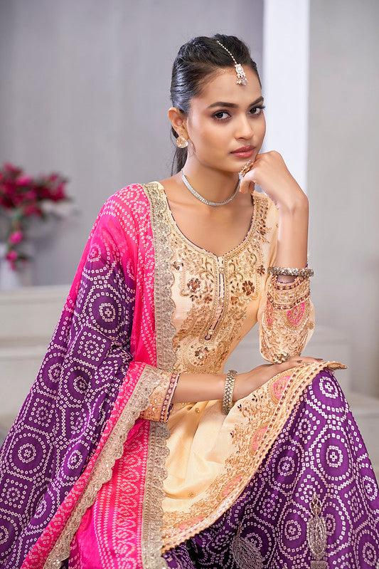 Beige & Purple Chinnon Silk Sharara Suit with Embroidery
