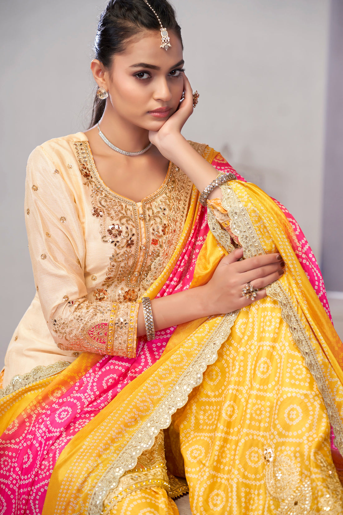 Beige & Yellow Chinnon Sharara Suit with embroidery