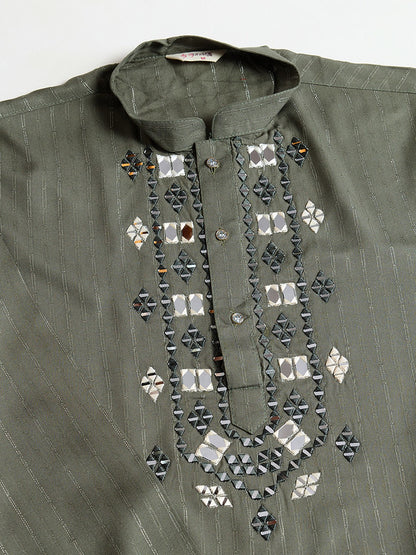 Olive Green Mirror Work Kurta with Dupatta for Men