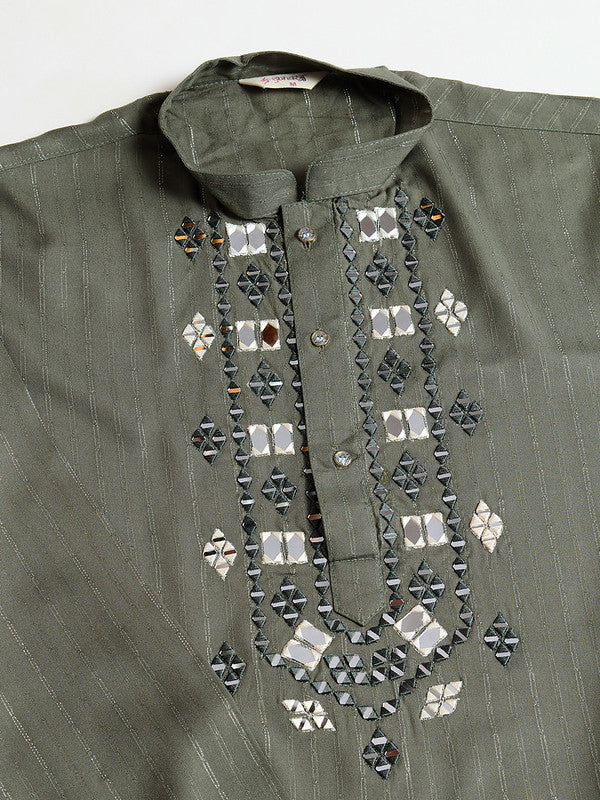 Olive Green Mirror Work Kurta with Dupatta for Men