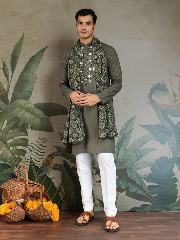 Olive Green Mirror Work Kurta with Dupatta for Men